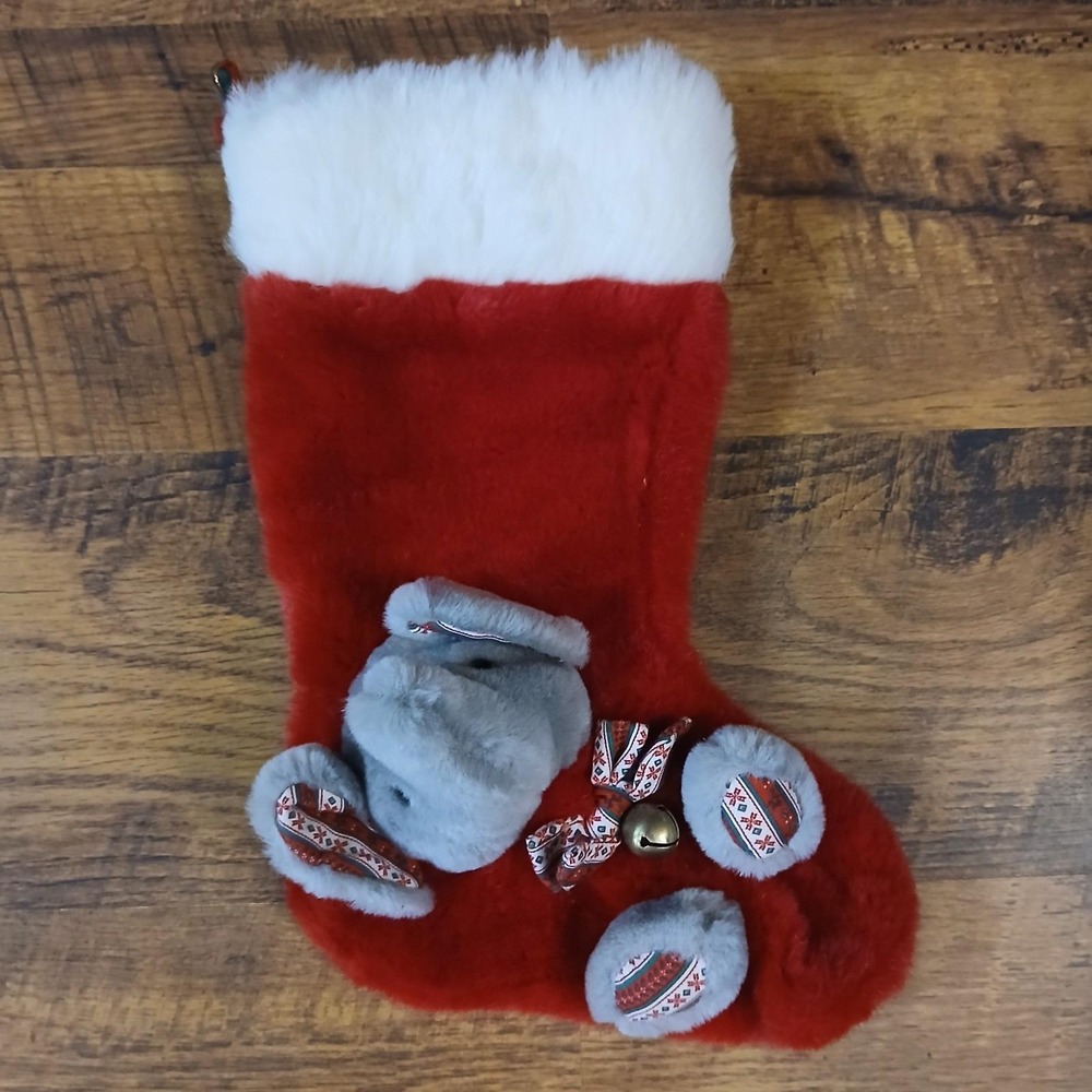 Plush Christmas Stocking Vintage 90s Elephant Jingle Bell Stuffed 17" Fuzzy Soft